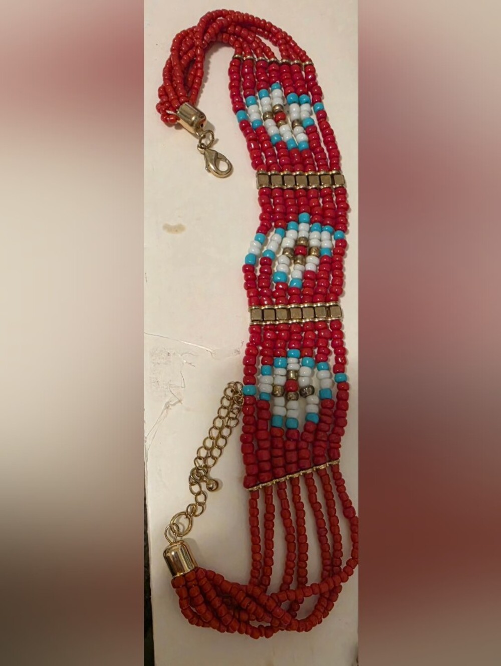 Red Beaded Statement Bracelet with Turquoise & White Accents